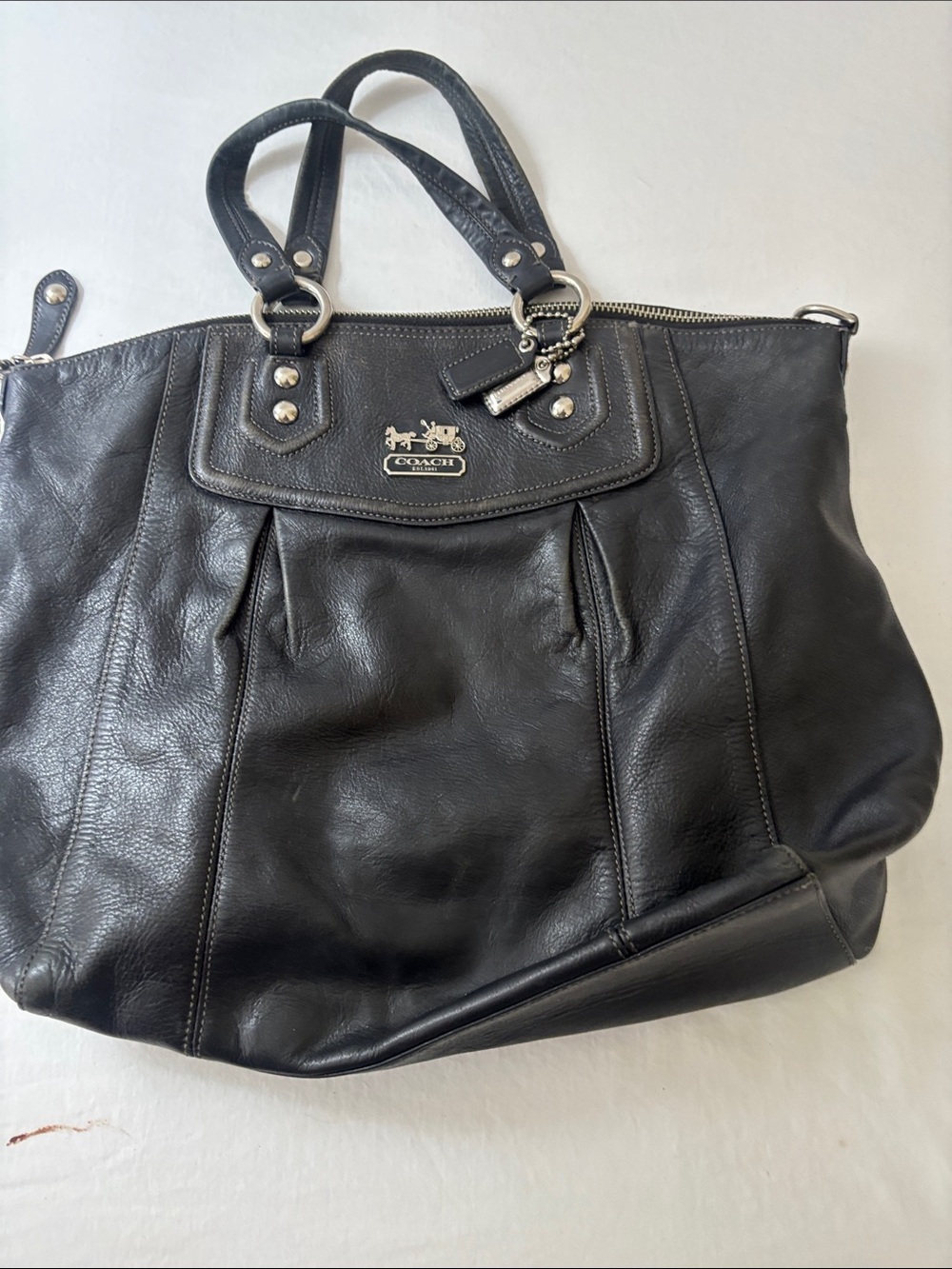 Coach Black Leather Shoulder Tote with Silver Hardware